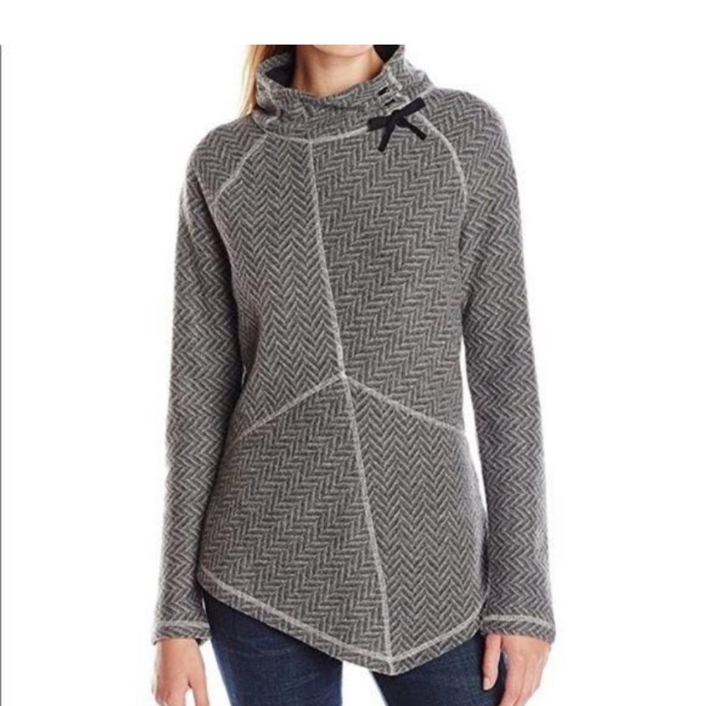 Prana Grey Asymmetrical Wool Blend Herringbone Pullover Mock Neck Sweater L